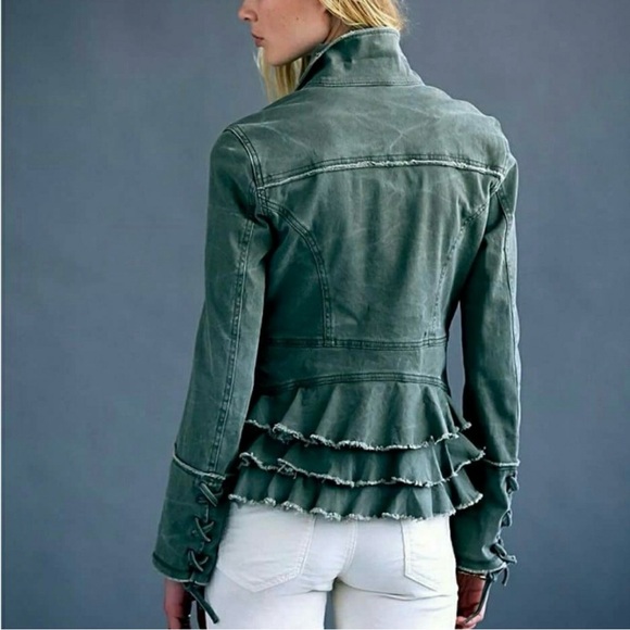 Free People Black Distressed Fitted Jacket with Ruffle Back & Lace-up Cuffs - Picture 15 of 15